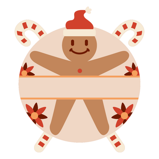 Hombre de pan de jengibre con sombrero de Papá Noel sentado en un bastón de caramelo Diseño PNG