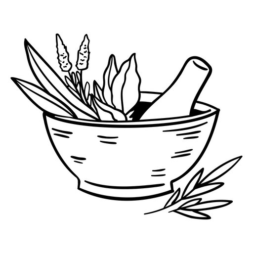 Ilustração elegante de ervas em um pilão e almofariz Desenho PNG