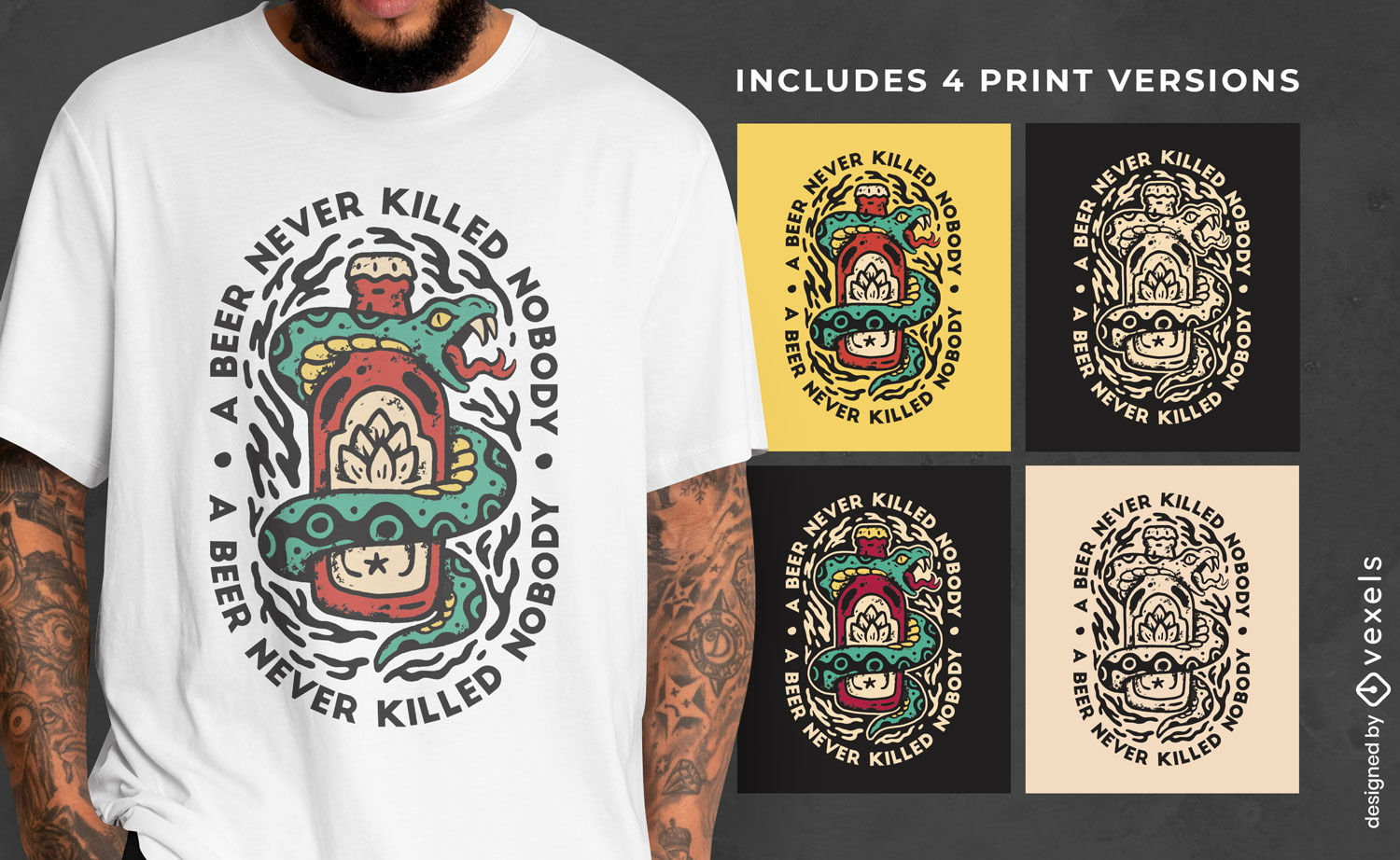 Diseño de camiseta de bebida de serpiente y cerveza multicolor.