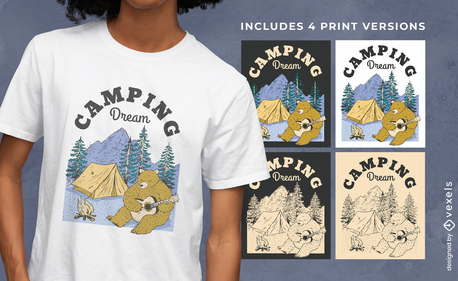 Bären-Camping-T-Shirt-Design in mehreren Versionen