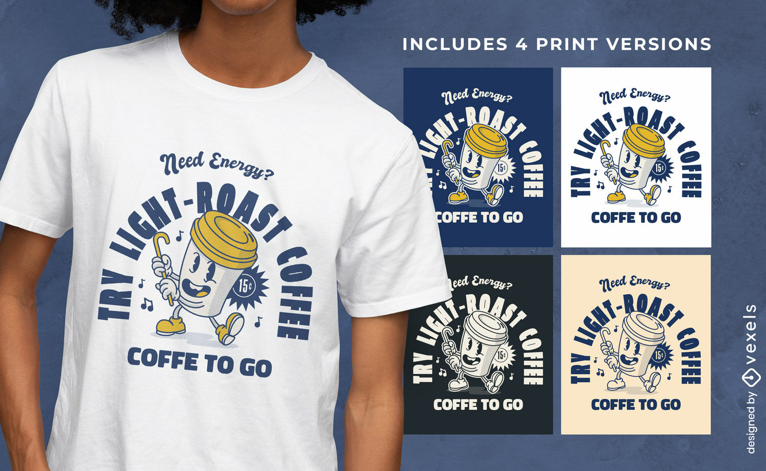 Variações de cor de design de camiseta de café retrô dos desenhos animados