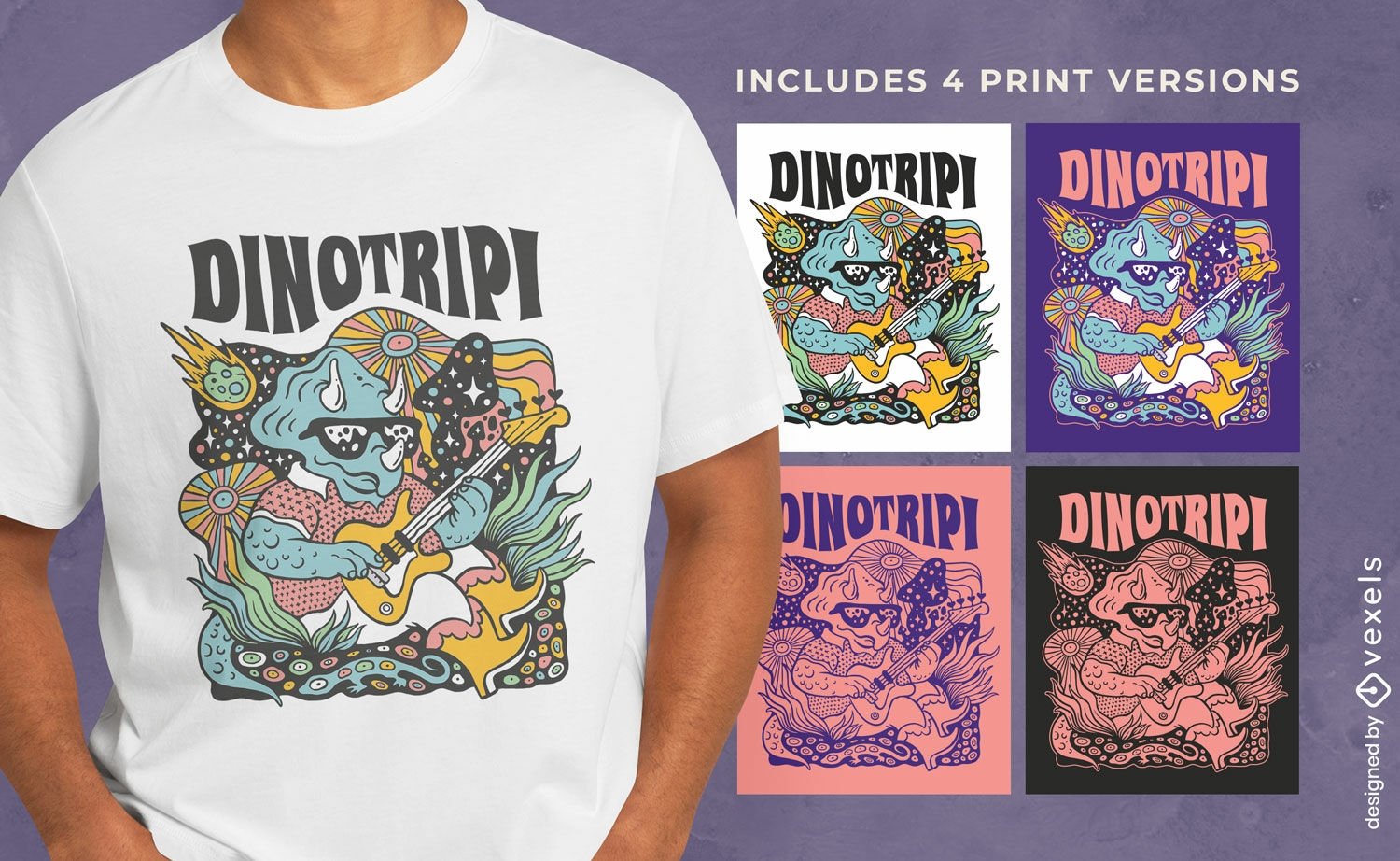 Diniosaur playing guitar t-shirt design multiple versions
