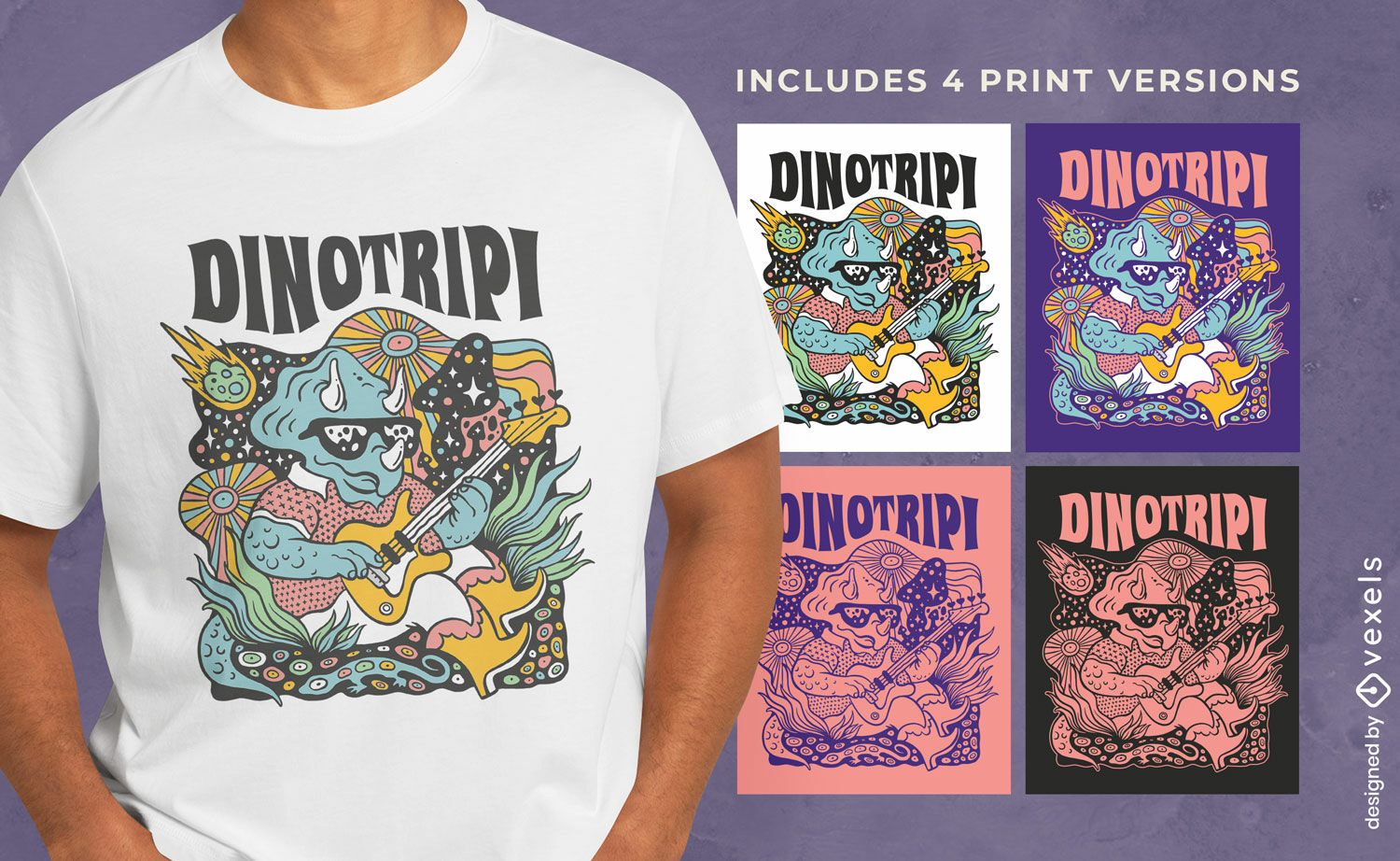 Dinossauro tocando guitarra design de camiseta várias versões