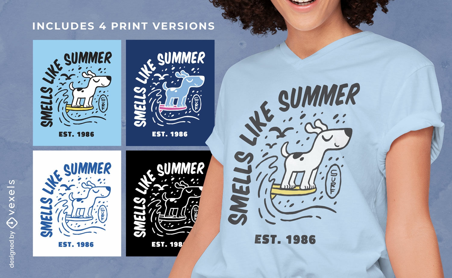 Diseño de camiseta de surf para perros múltiples versiones.