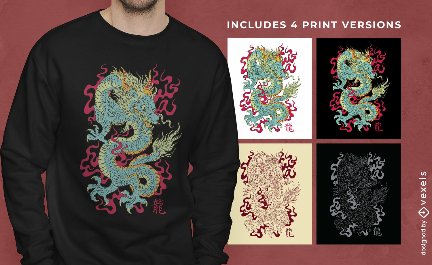 Diseño de camiseta de dragones chinos versiones múltiples