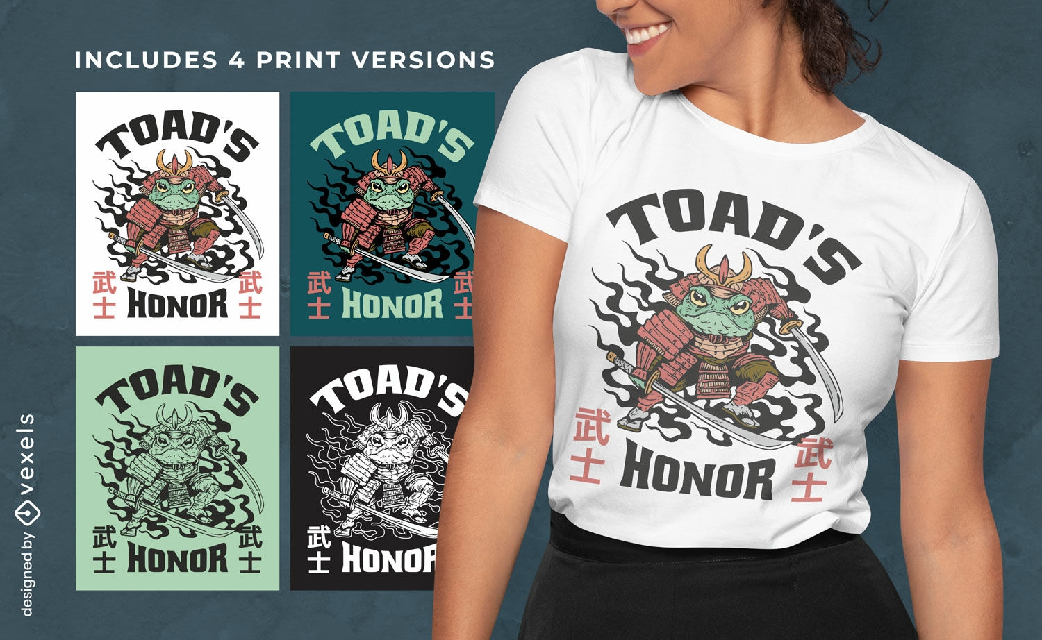 Froschtier-Samurai-T-Shirt-Design mehrfarbig