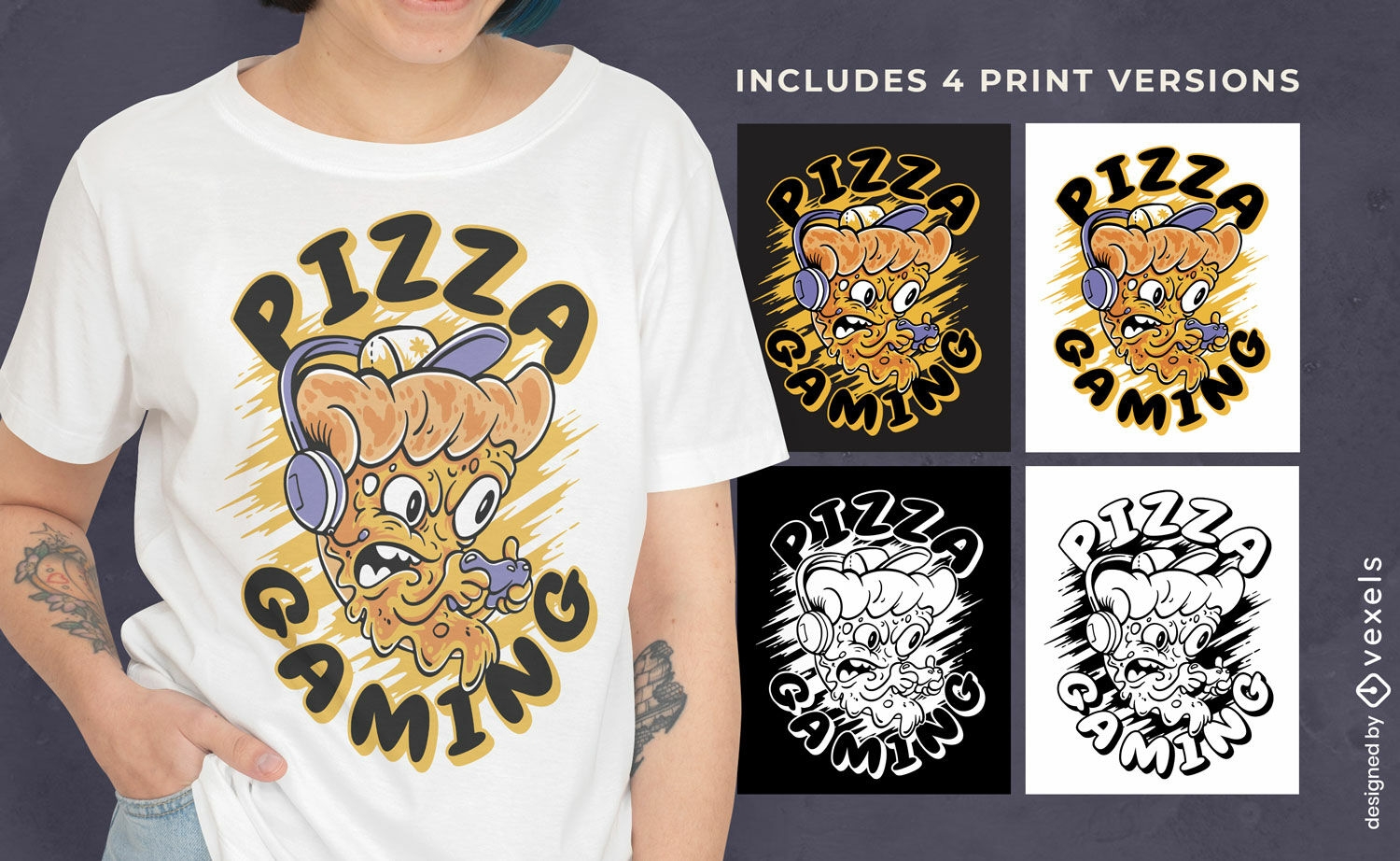 Cartoon-Pizza-Gamer-T-Shirt-Design mehrfarbig