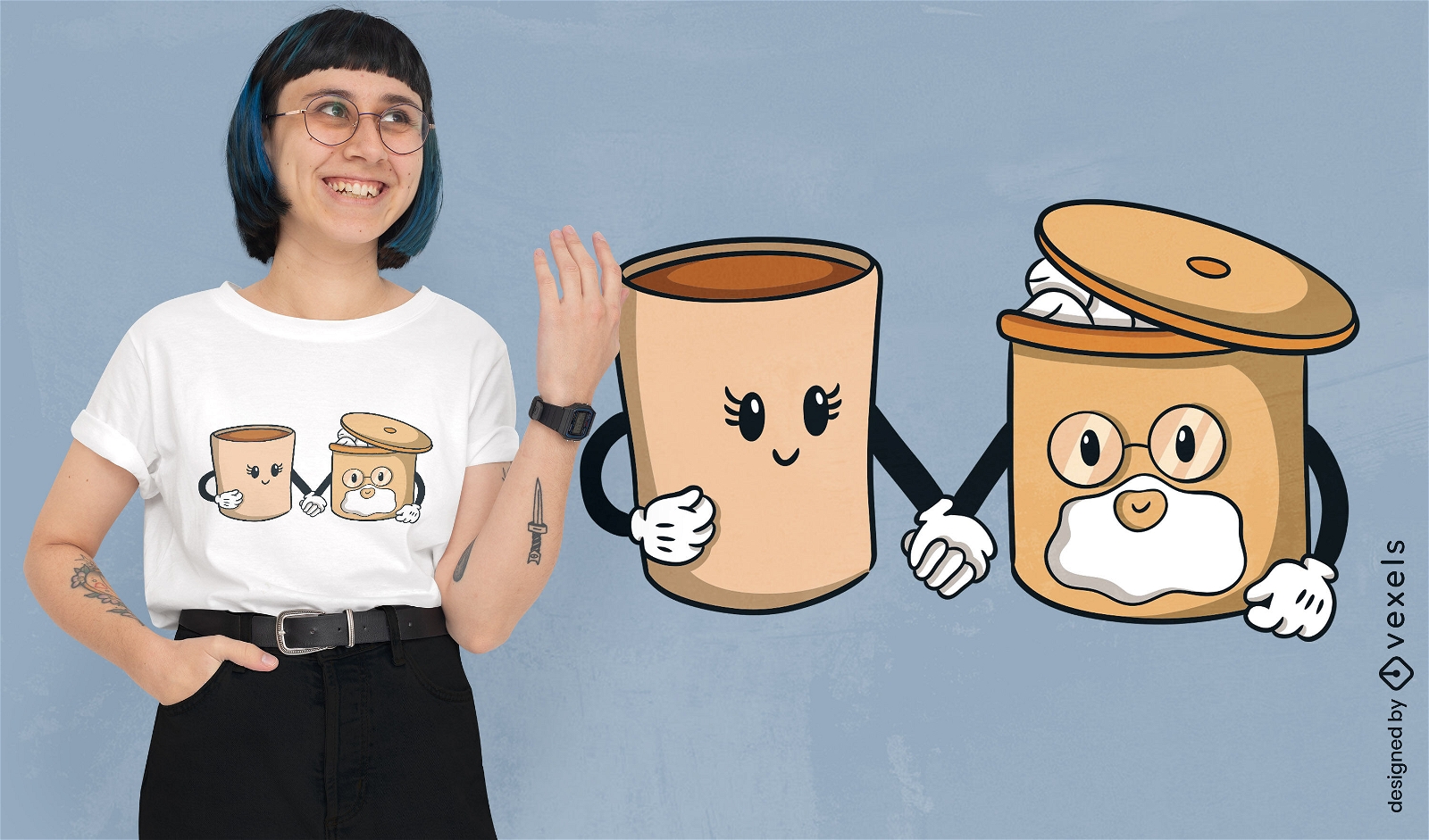 Diseño de camiseta de personajes de café y azúcar.