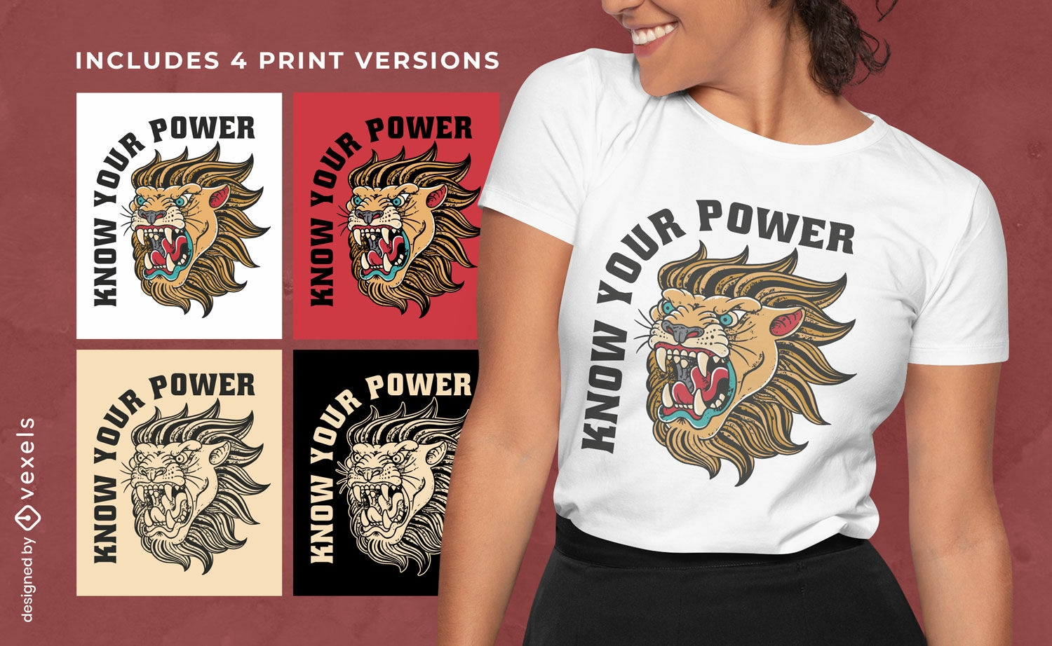 T-Shirt-Design mit brüllendem Löwentier, mehrfarbig