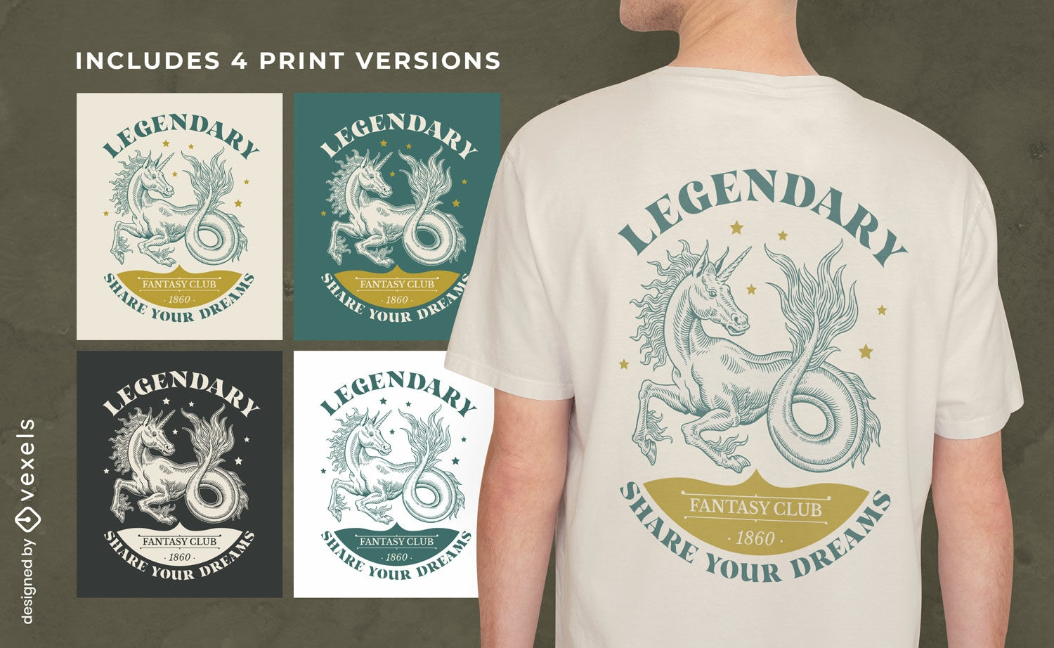 Seepferdchen-Einhorn-T-Shirt-Design in mehreren Versionen