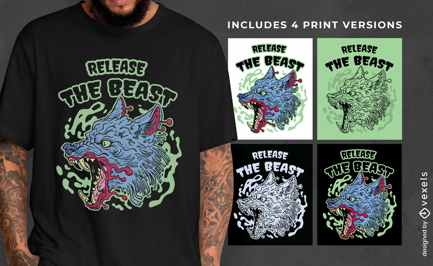 Variações de cor de design de camiseta de monstro animal lobo