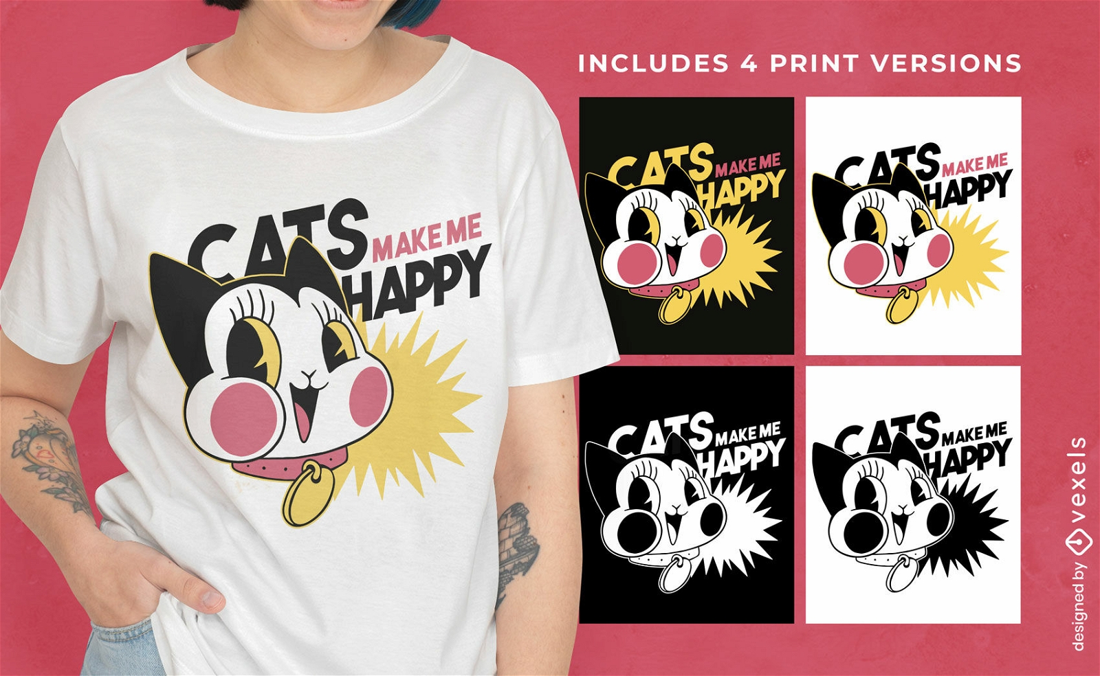 Diseño de camiseta de gato de dibujos animados retro versiones múltiples