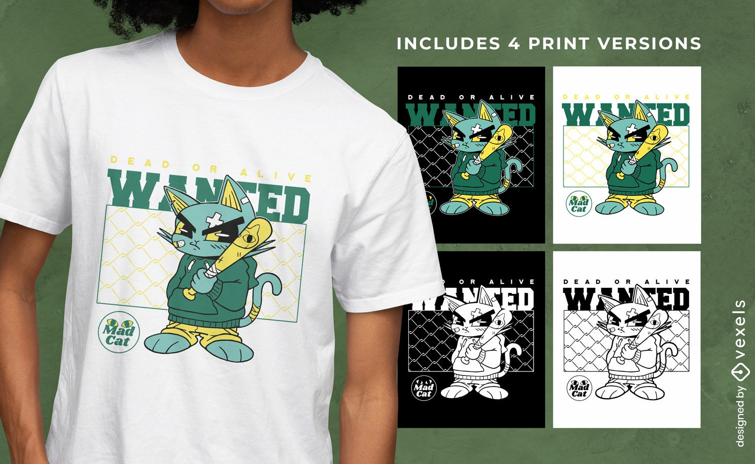 Farbvarianten des Gangsterkatzen-T-Shirt-Designs
