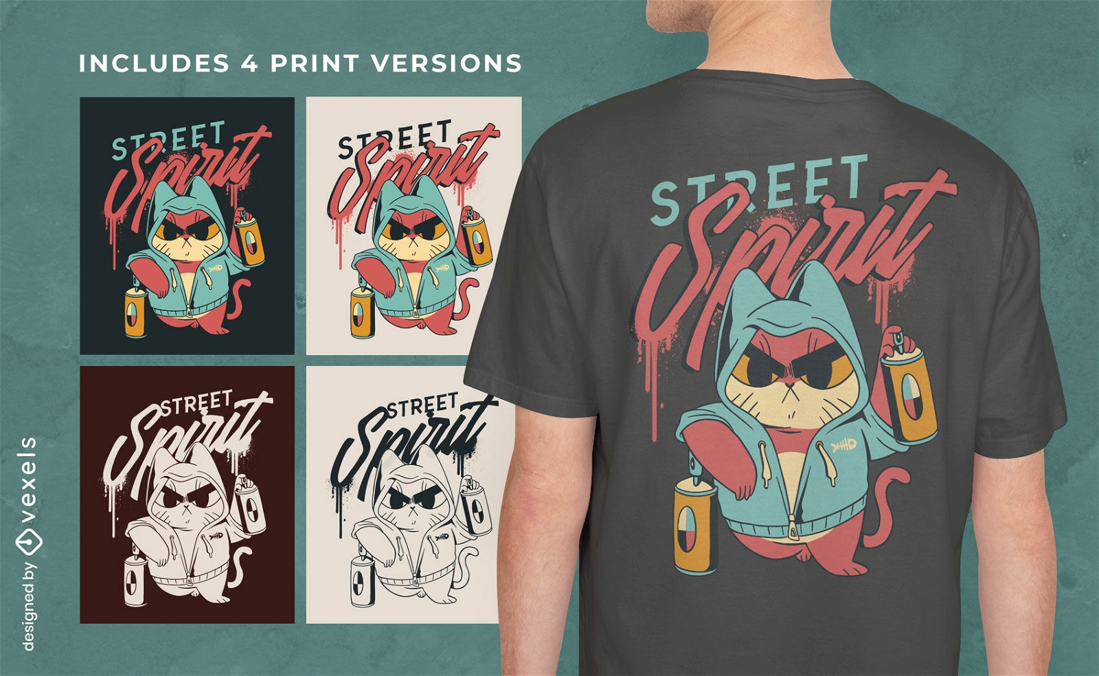 Straßenkatzen-T-Shirt-Design in mehreren Versionen