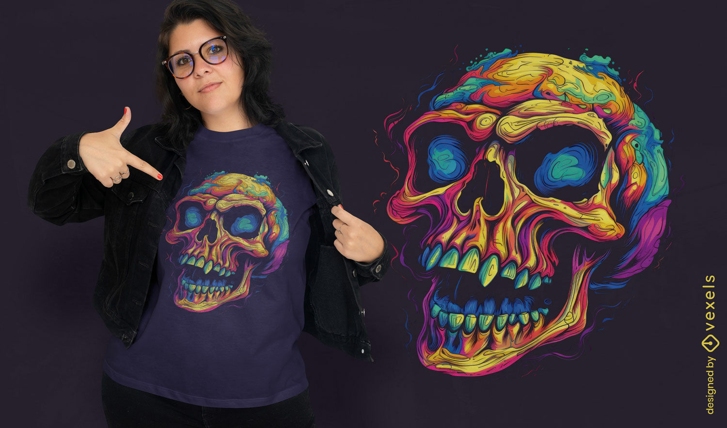 Diseño de camiseta de calavera sonriente psicodélica.