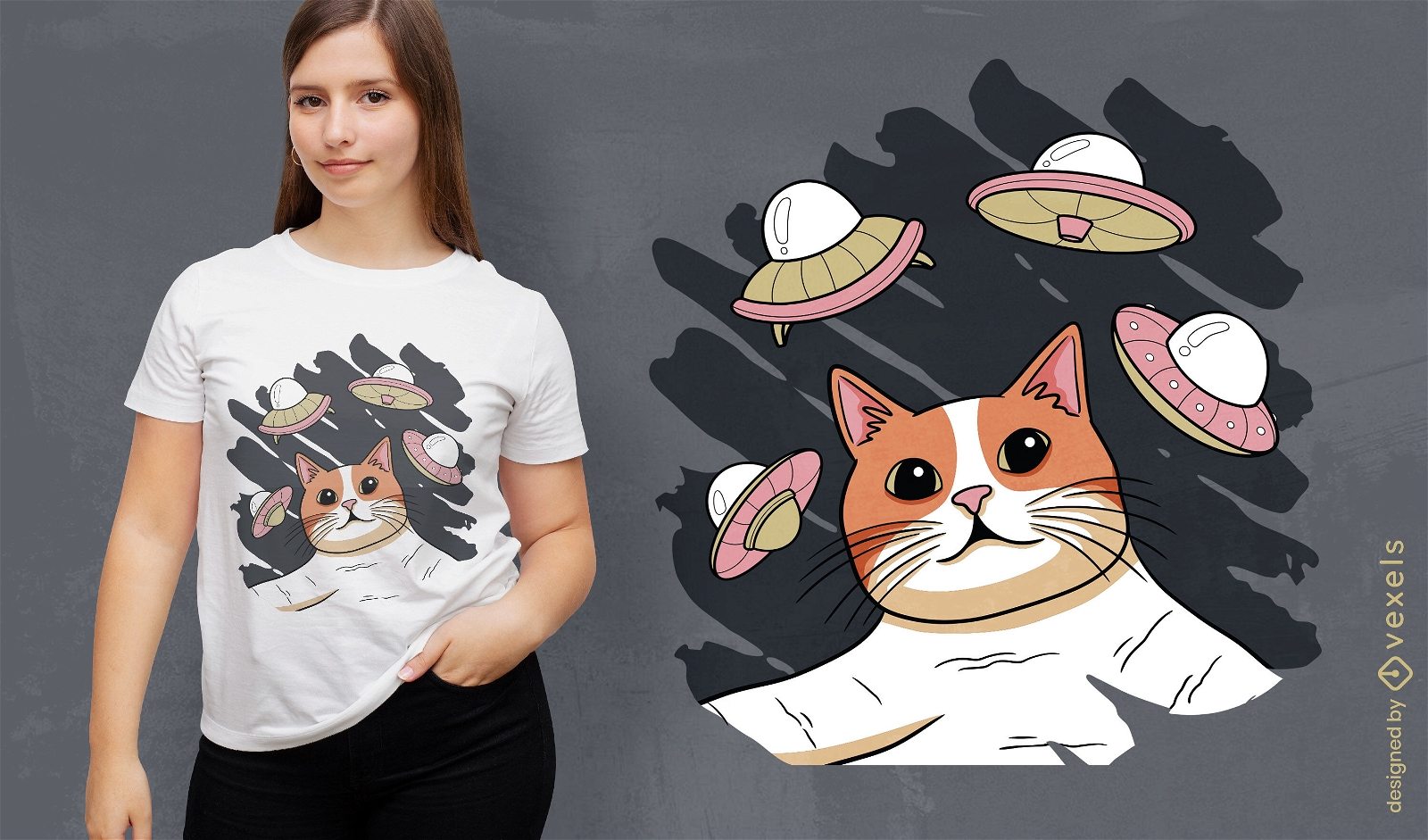 Diseño de camiseta de gato con ovni.