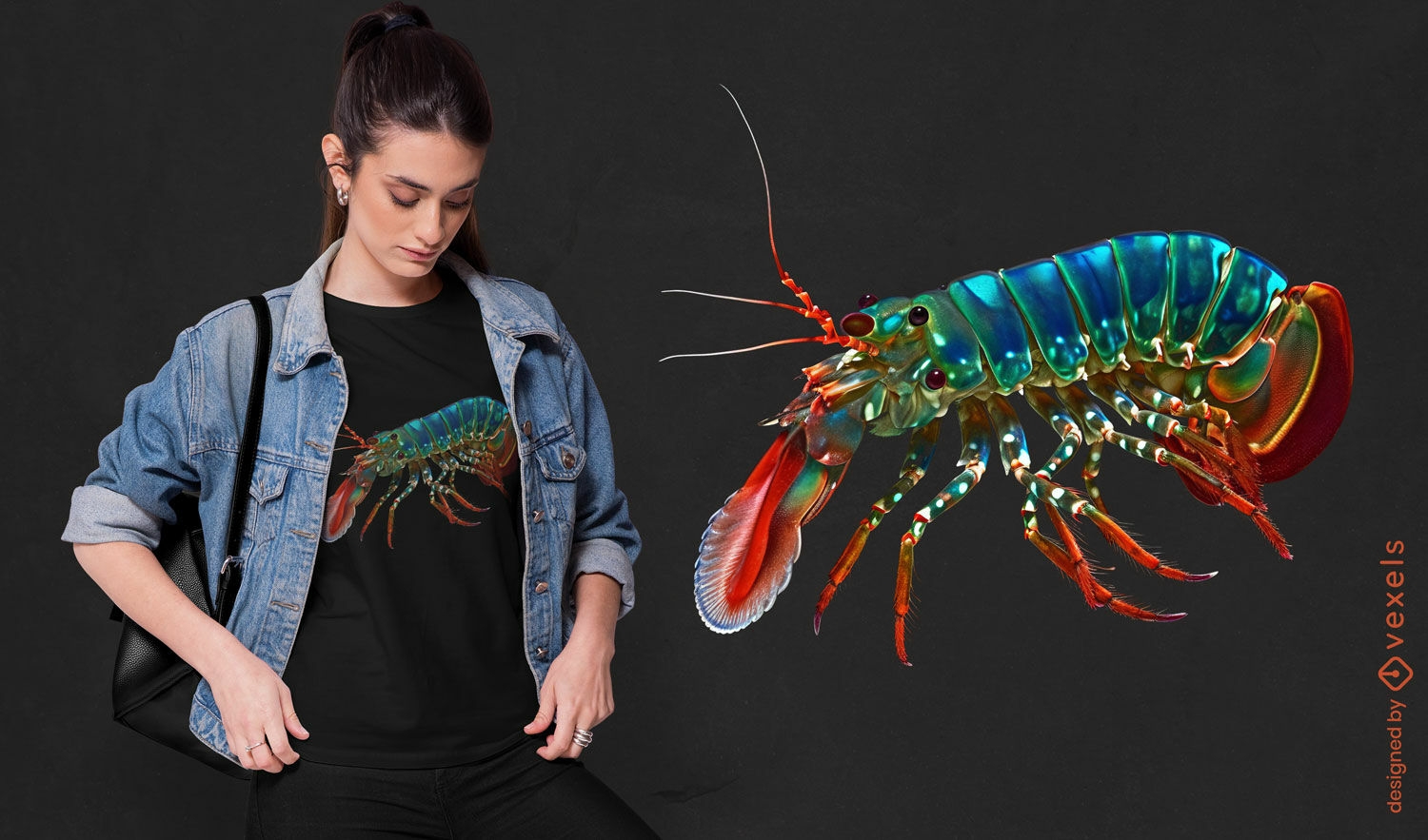 Diseño de camiseta de camarón mantis colorido.