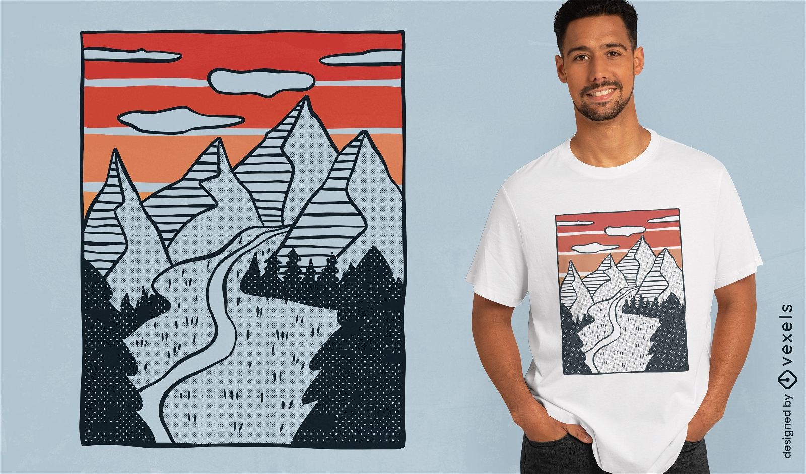 Diseño de camiseta puesta de sol del valle dibujado a mano