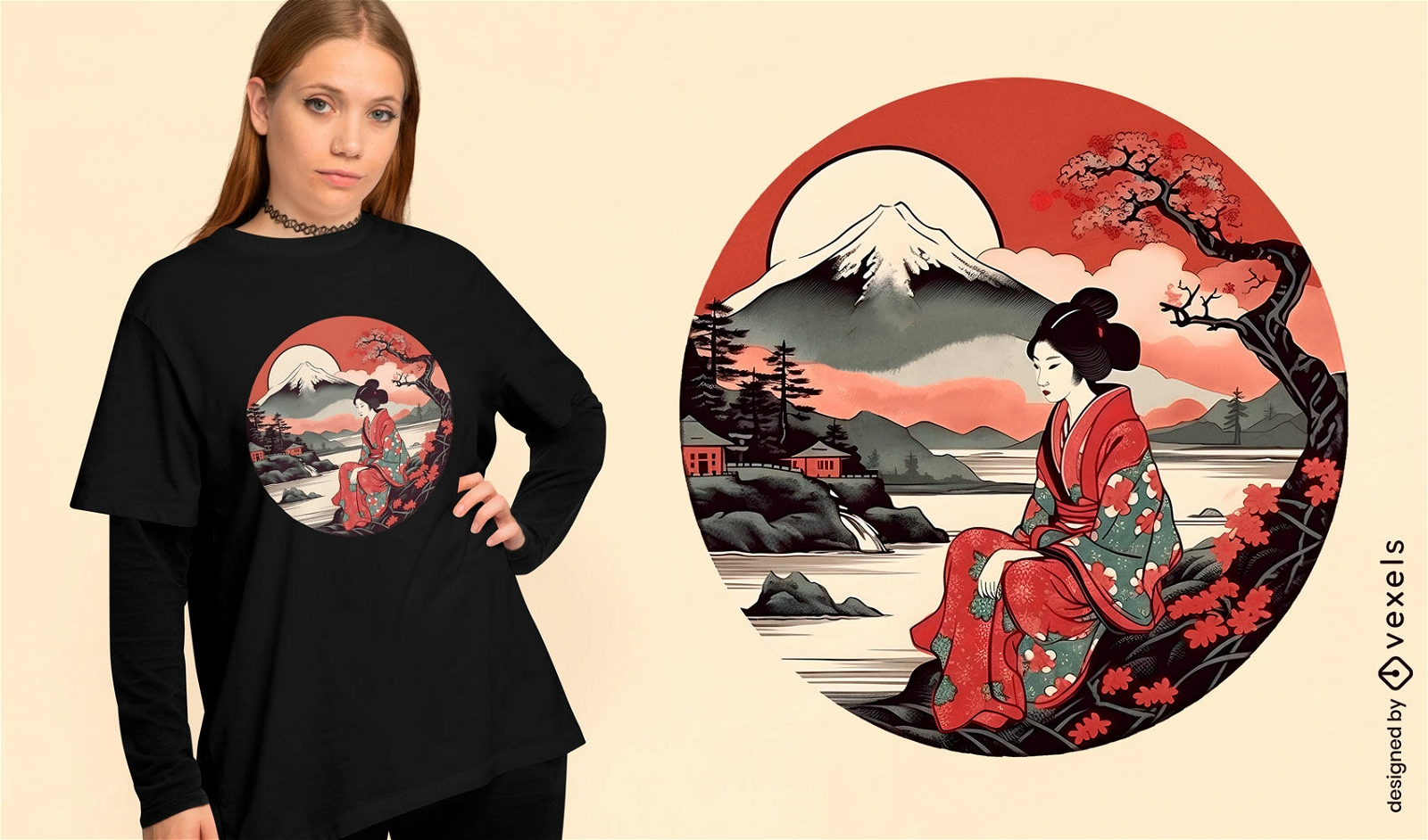 Design tradicional de camiseta de gueixa japonesa