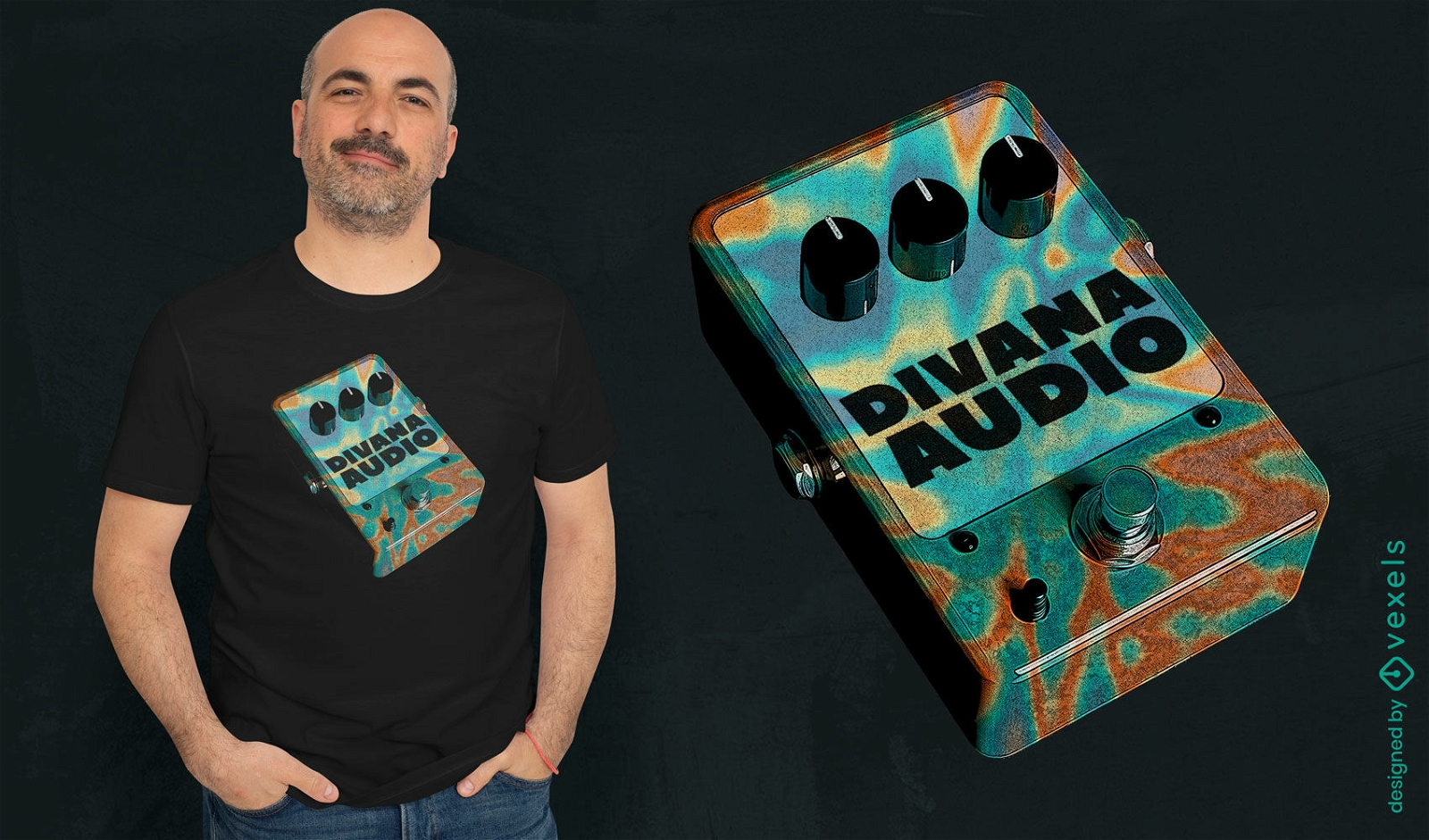 Design psicodélico de camiseta com pedal de guitarra