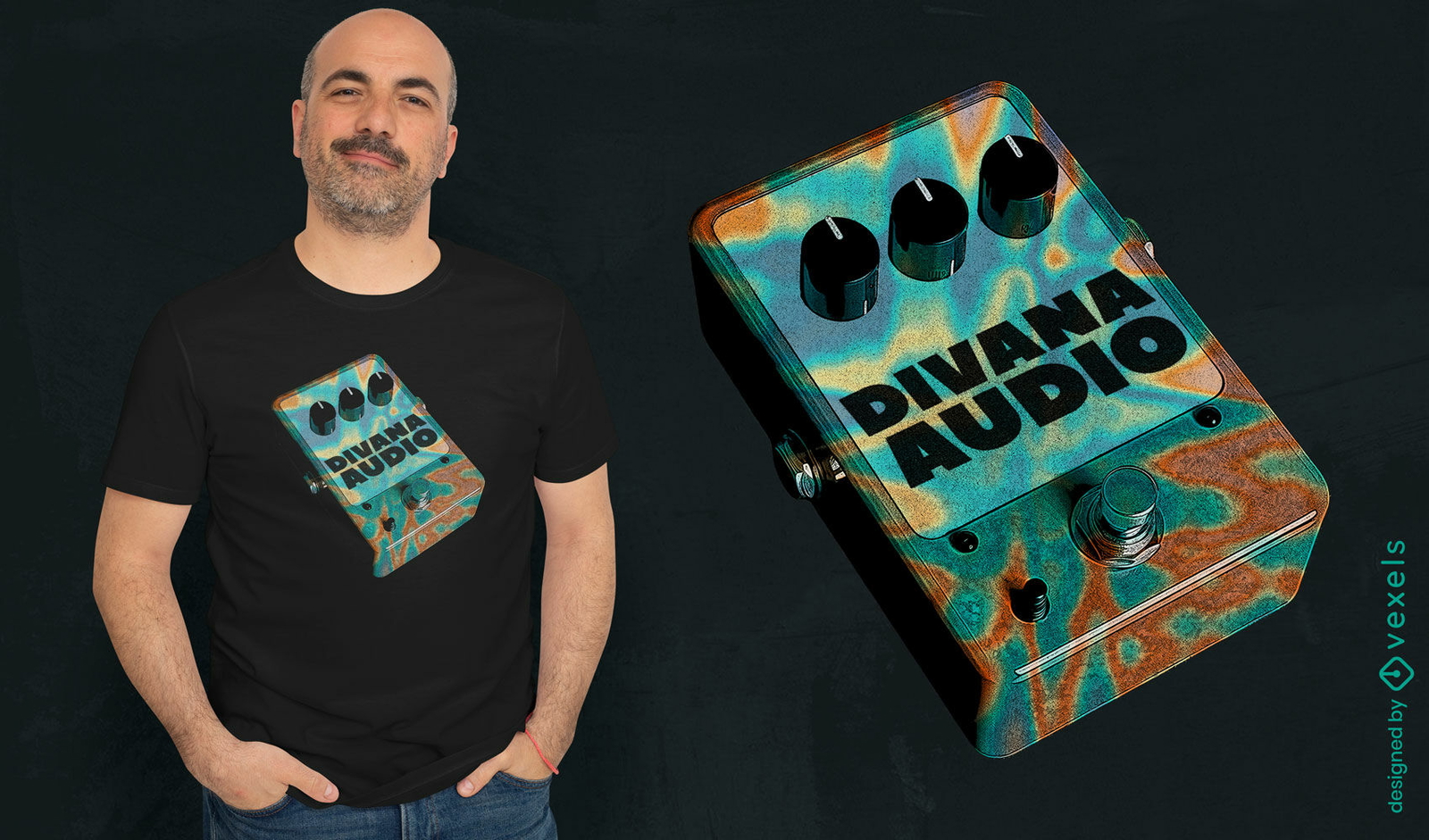 Design psicodélico de camiseta com pedal de guitarra