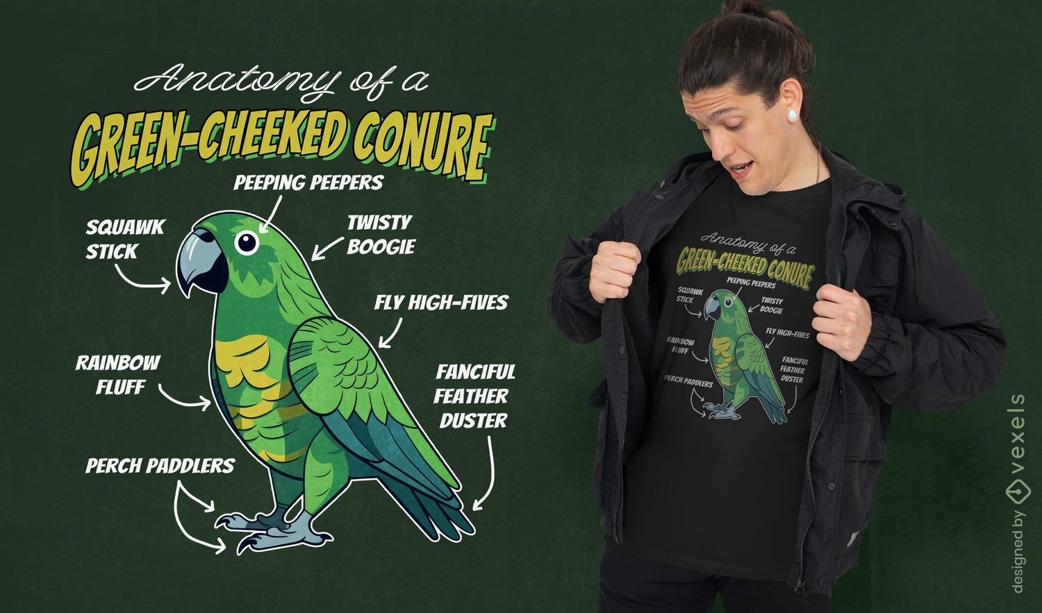 Design de camiseta com anatomia de conure de bochecha verde