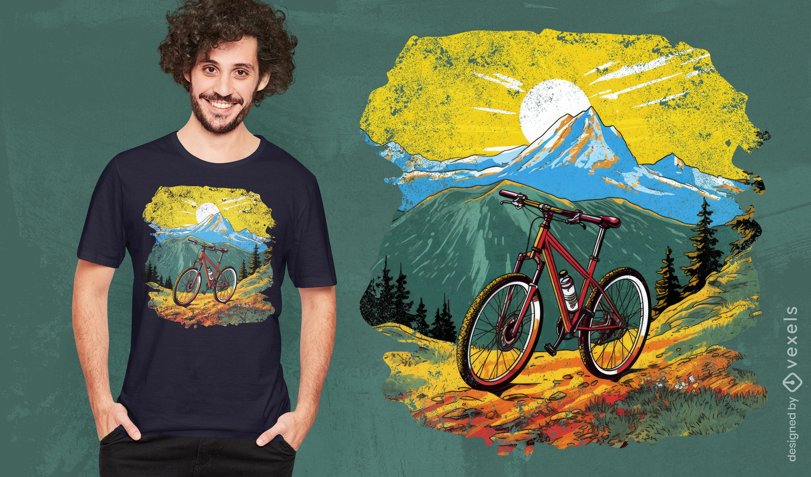 Diseño de camiseta con escena de ciclismo de montaña.