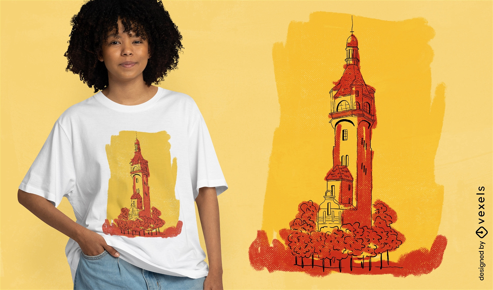 Design de camiseta de torre vermelha e amarela