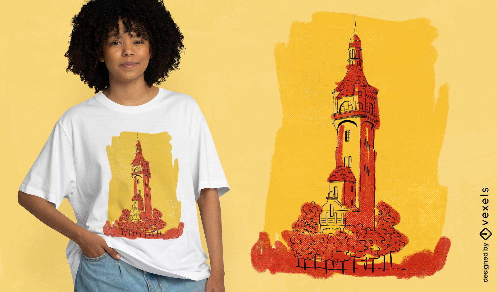 Diseño de camiseta de torre roja y amarilla.