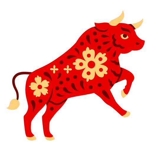 Ilustração vibrante de touro vermelho com padrões florais Desenho PNG