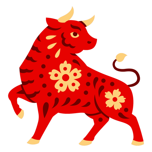 Ilustração vibrante de touro vermelho com detalhes florais Desenho PNG
