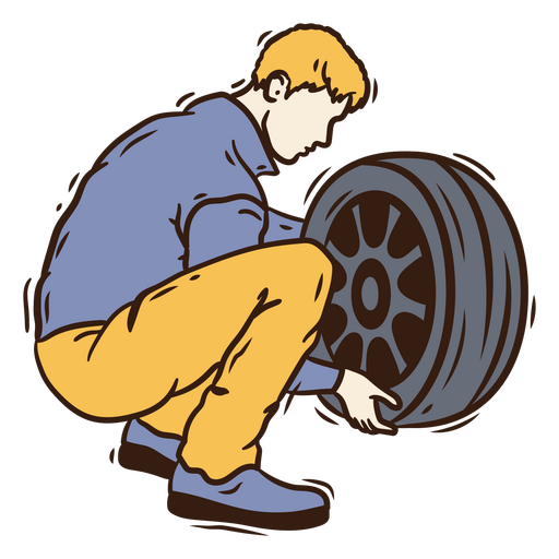 Detailed mechanic illustration of a person changing a tire PNG Design