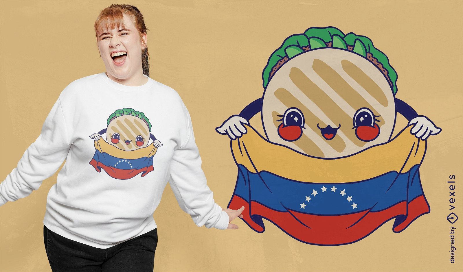 Diseño de camiseta de personaje de arepa de Venezuela.