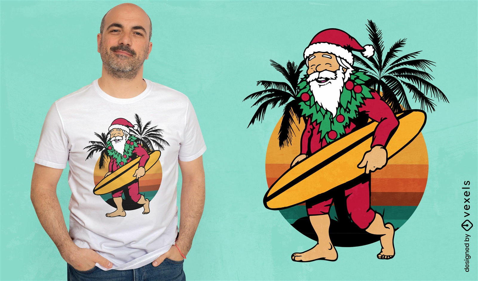 Design de camiseta com prancha de surf do Papai Noel