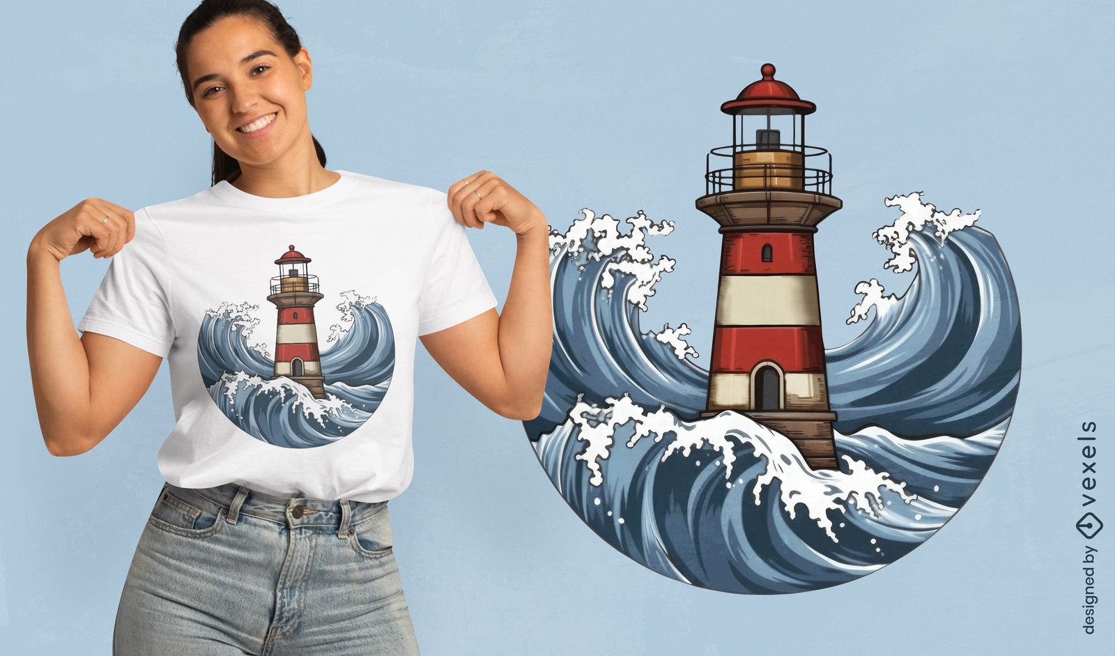 Diseño de camiseta de faro y olas.