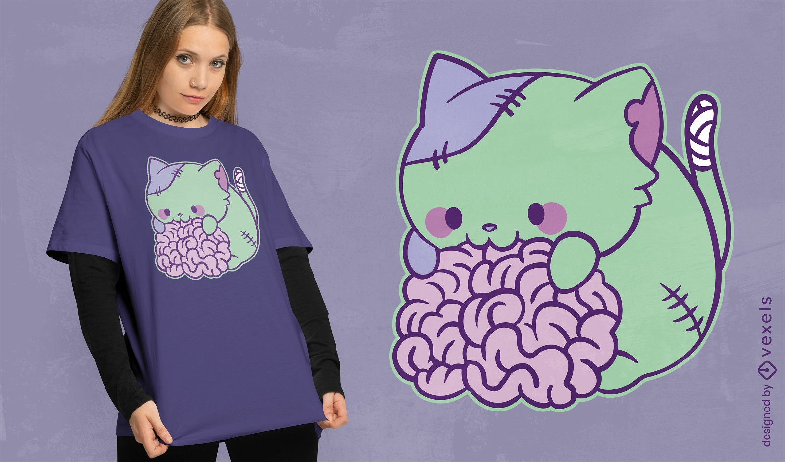 Diseño de camiseta de gato zombie comiendo cerebro.