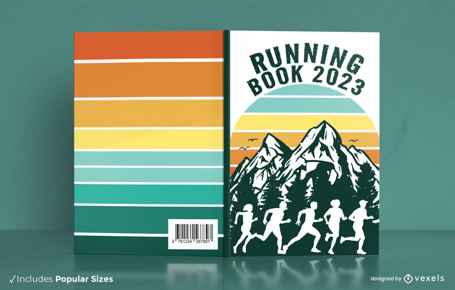 Diseño de portada de libro retro corriendo contra las montañas