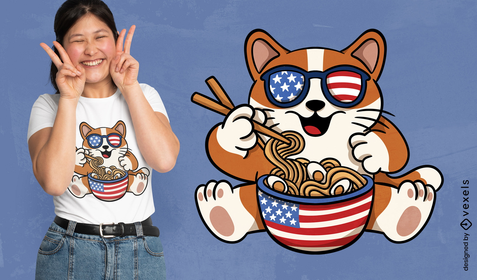 Diseño de camiseta de gato americano comiendo ramen