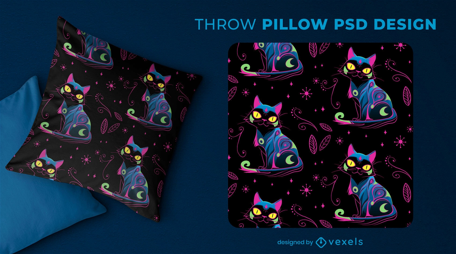 Bright neon cartoon cat throw pillow design