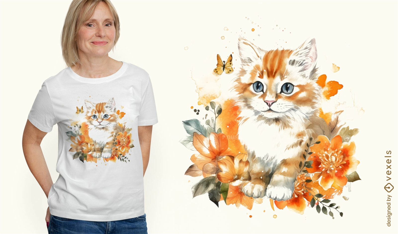 Diseño de camiseta de gatito en acuarela.