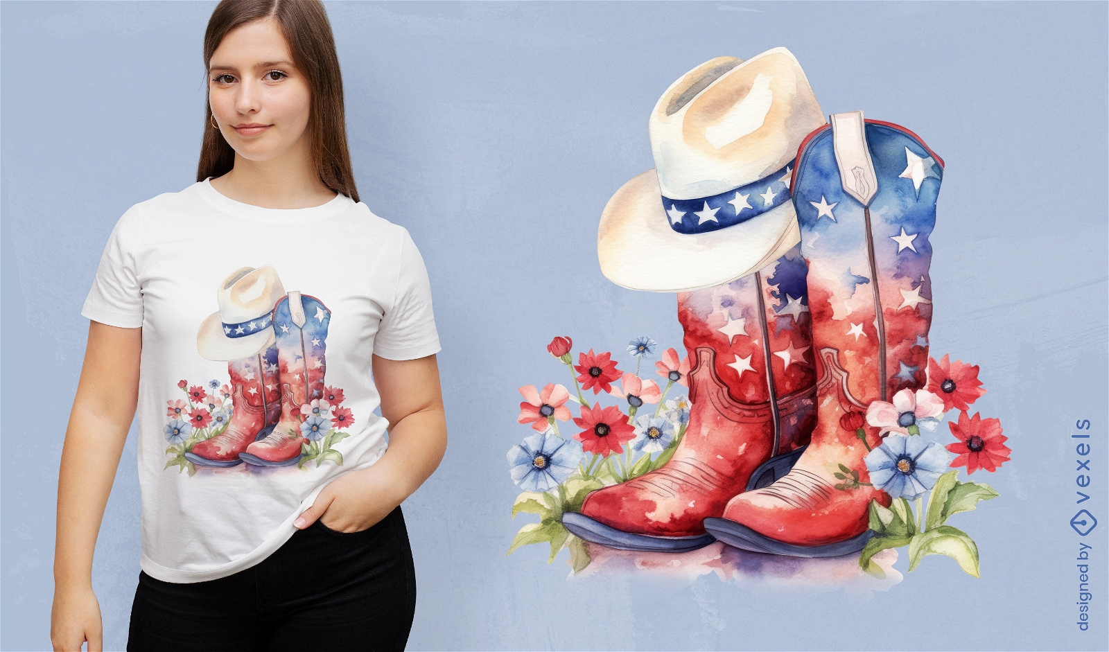 Diseño de camiseta de botas americanas y sombrero de vaquero.