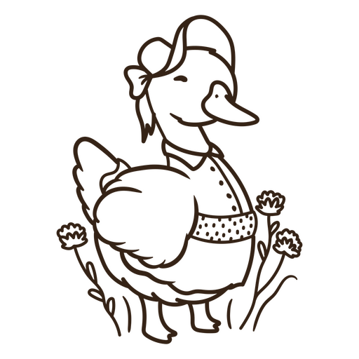 Encantador diseño de pato de dibujos animados con elementos florales. Diseño PNG