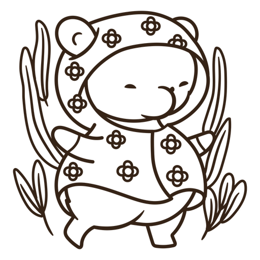 Diseño de personaje de oso juguetón con acentos florales. Diseño PNG