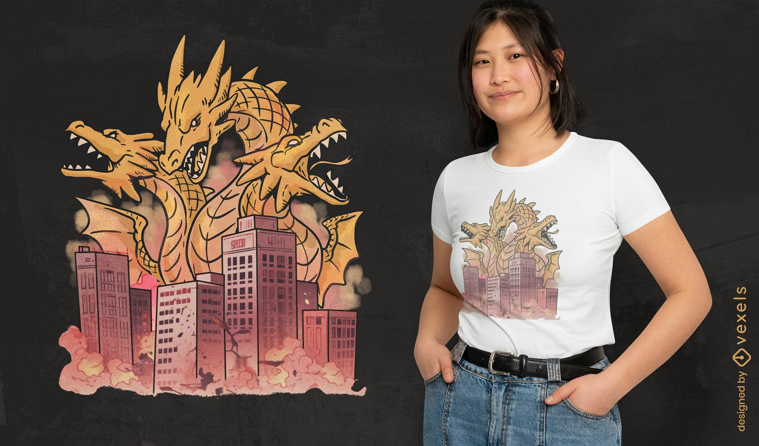Diseño de camiseta de dragón destructor de ciudades.