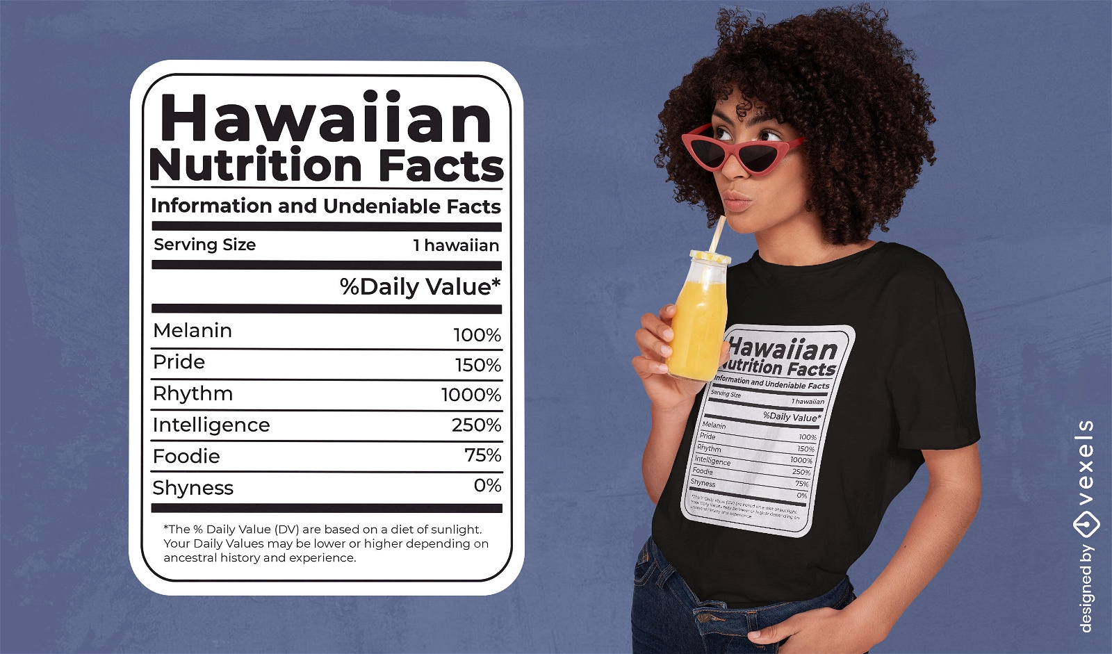 Diseño de camiseta de información nutricional hawaiana.