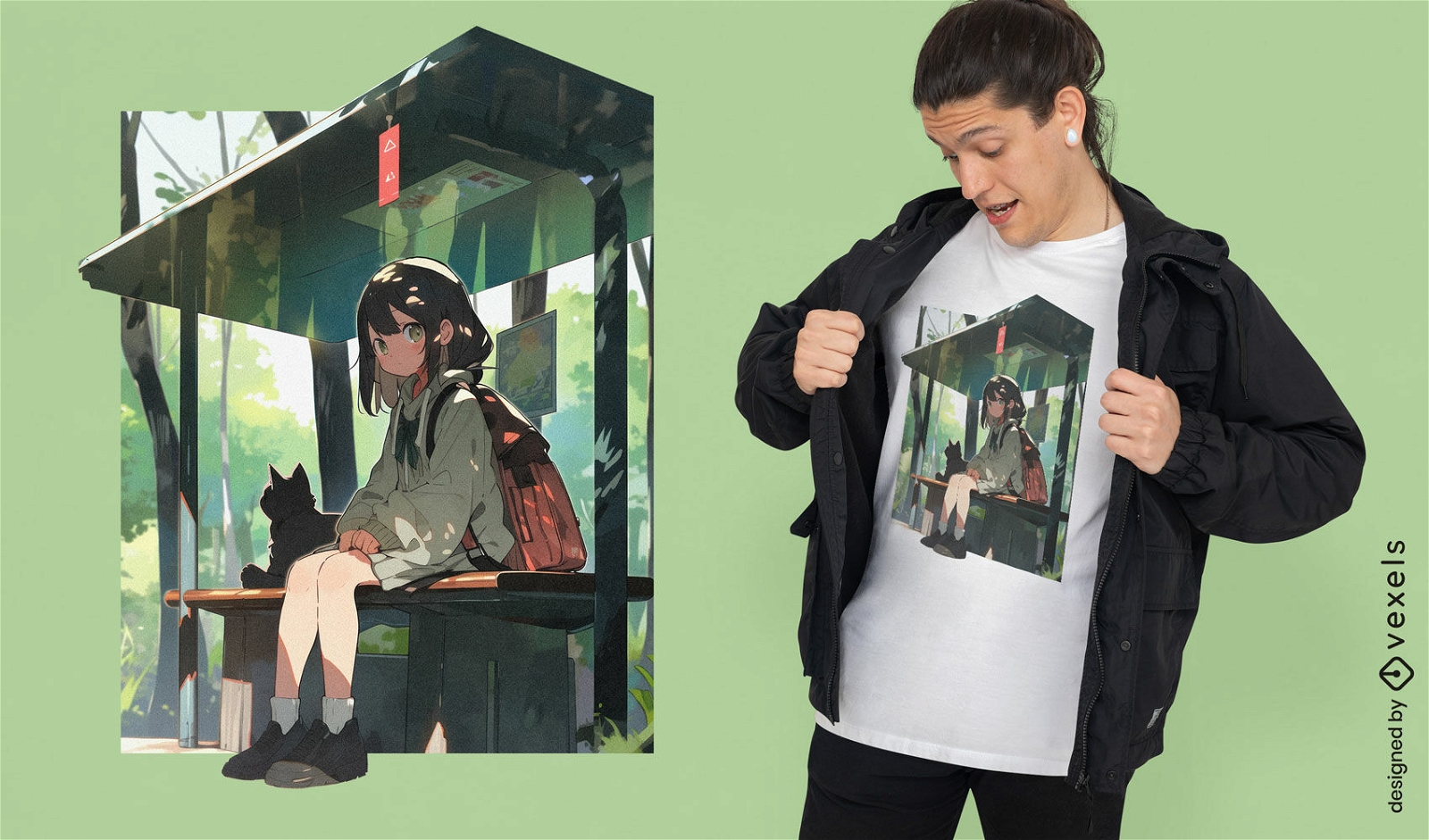 Anime-M?dchen-Bushaltestellen-T-Shirt-Design