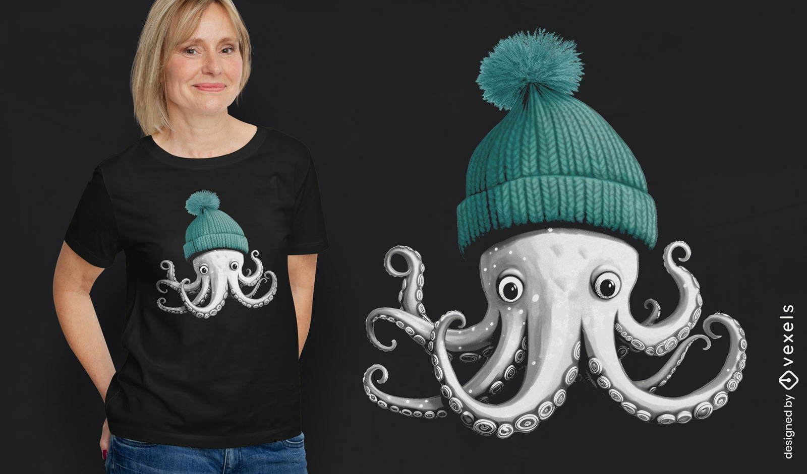 Diseño de camiseta de pulpo con gorro de invierno.