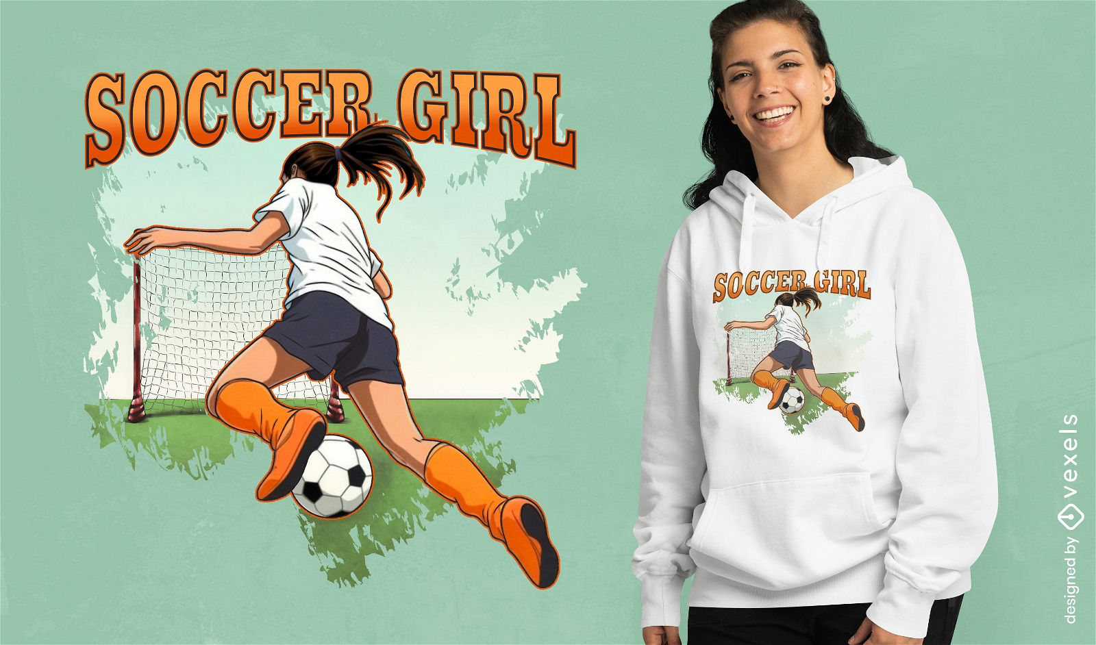 Diseño de camiseta de acción de chica de fútbol.