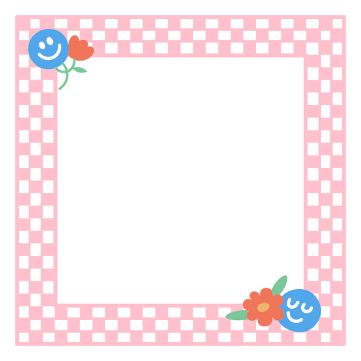Checkered frame with flowers and a smiley face PNG Design