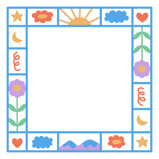 Colorful frame with a sun and flowers PNG Design